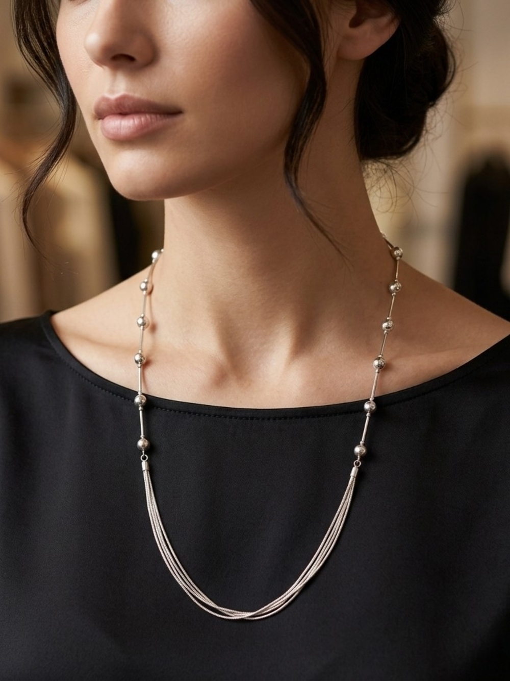 Silver Multi-Strand Liquid Chain Station Necklace Adjustable 17"-20" Excellent C